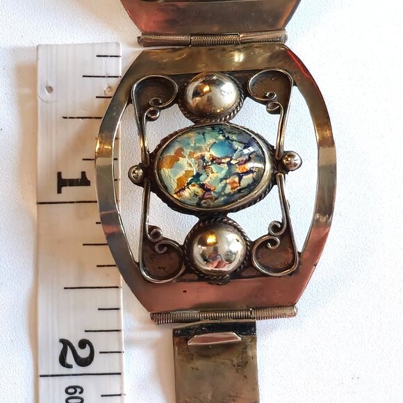 Eagle Head Taxco Sterling Silver Confetti Opal Foil Glass Hinged Panel Bracelet - Picture 12 of 13